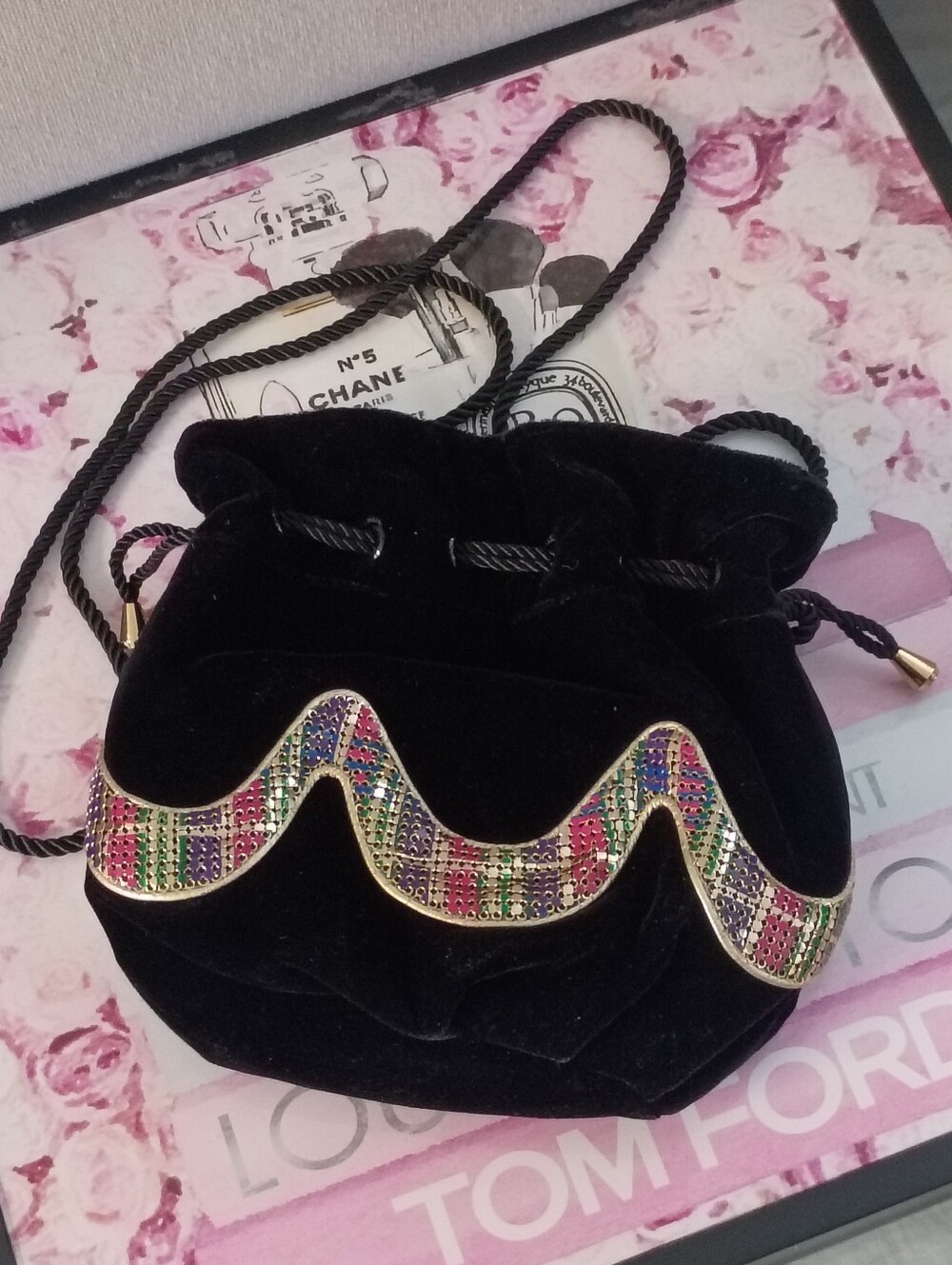❤️I SANTI ITALY Black Velvet & Multi Color Mesh Trim Evening Bag Crossbody Purse